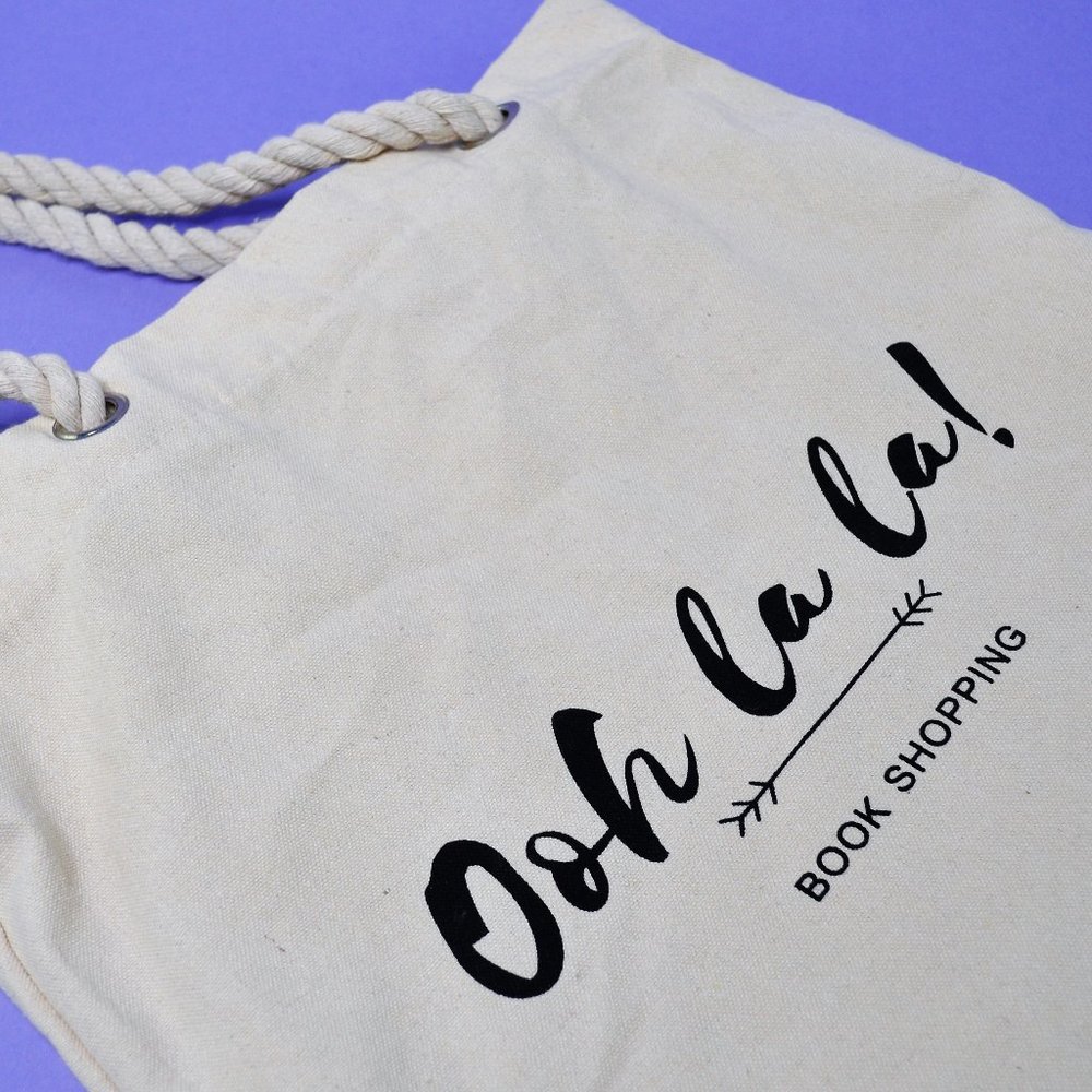 NWOT - "Ooh La La Book Shopping" Cream Canvas Bag with Rope Handles - Picture 2 of 4